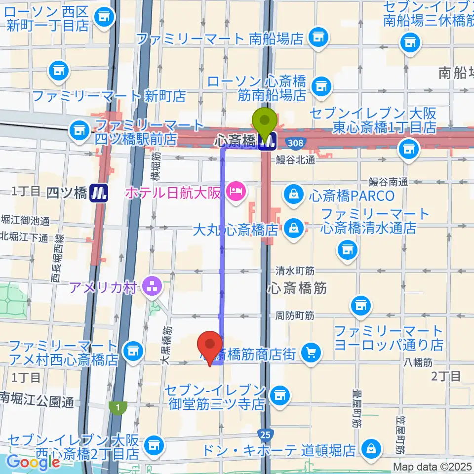 心斎橋駅から心斎橋HOKAGEへのルートマップ地図