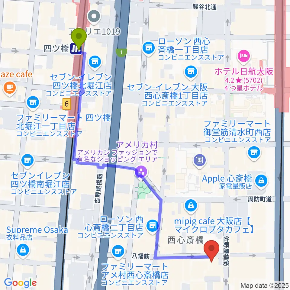 心斎橋HOKAGEの最寄駅四ツ橋駅からの徒歩ルート（約7分）地図