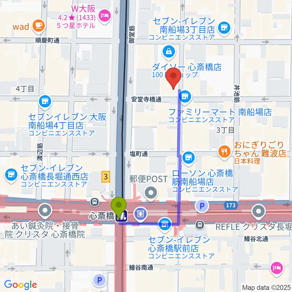 大阪RUIDOの最寄駅心斎橋駅からの徒歩ルート（約4分）地図