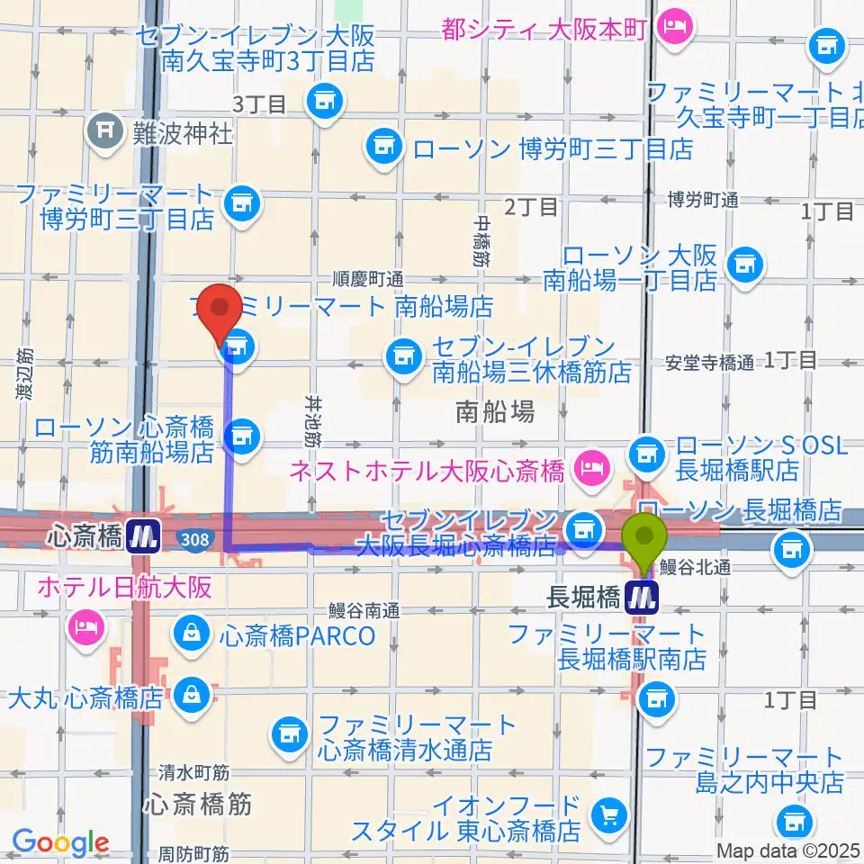 長堀橋駅から大阪RUIDOへのルートマップ地図