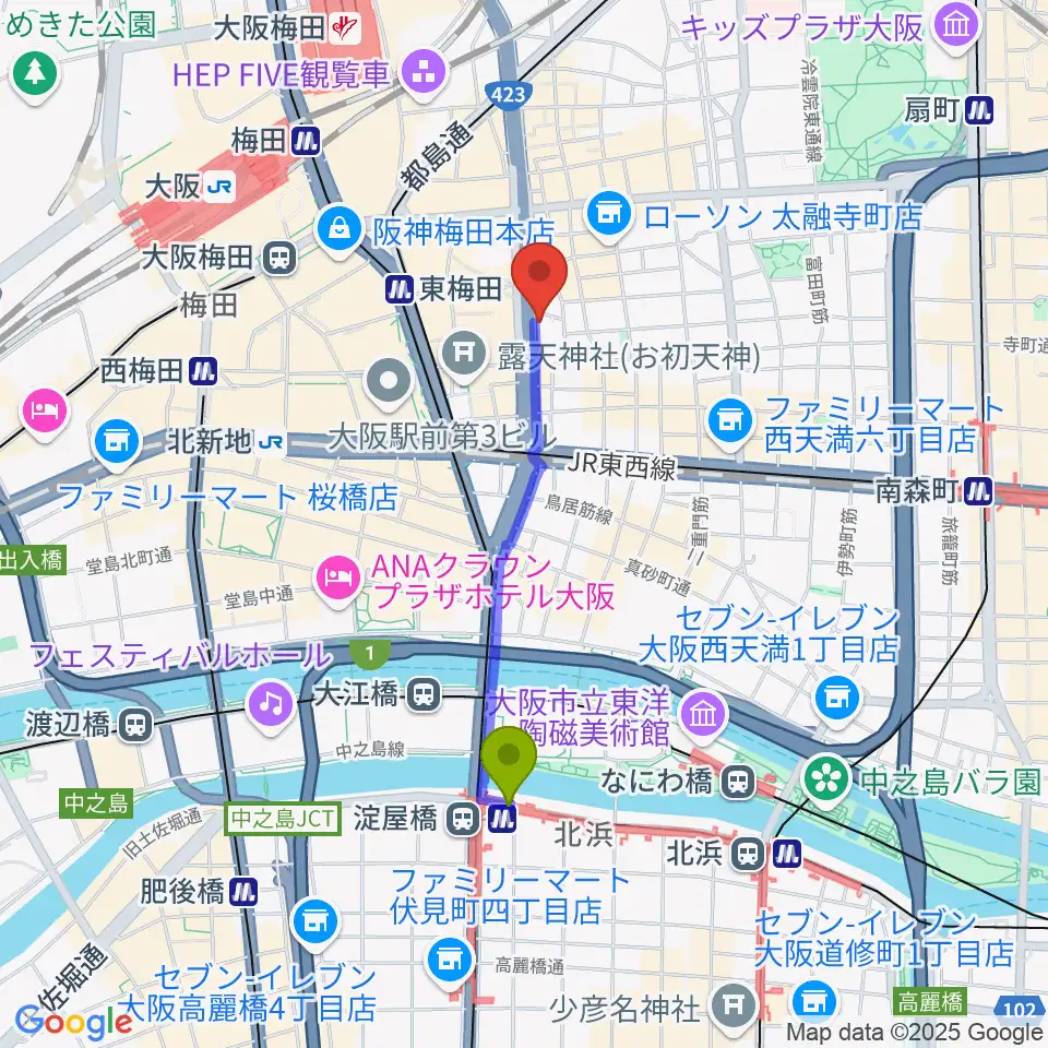 淀屋橋駅から大阪梅田ロイヤルホースへのルートマップ地図