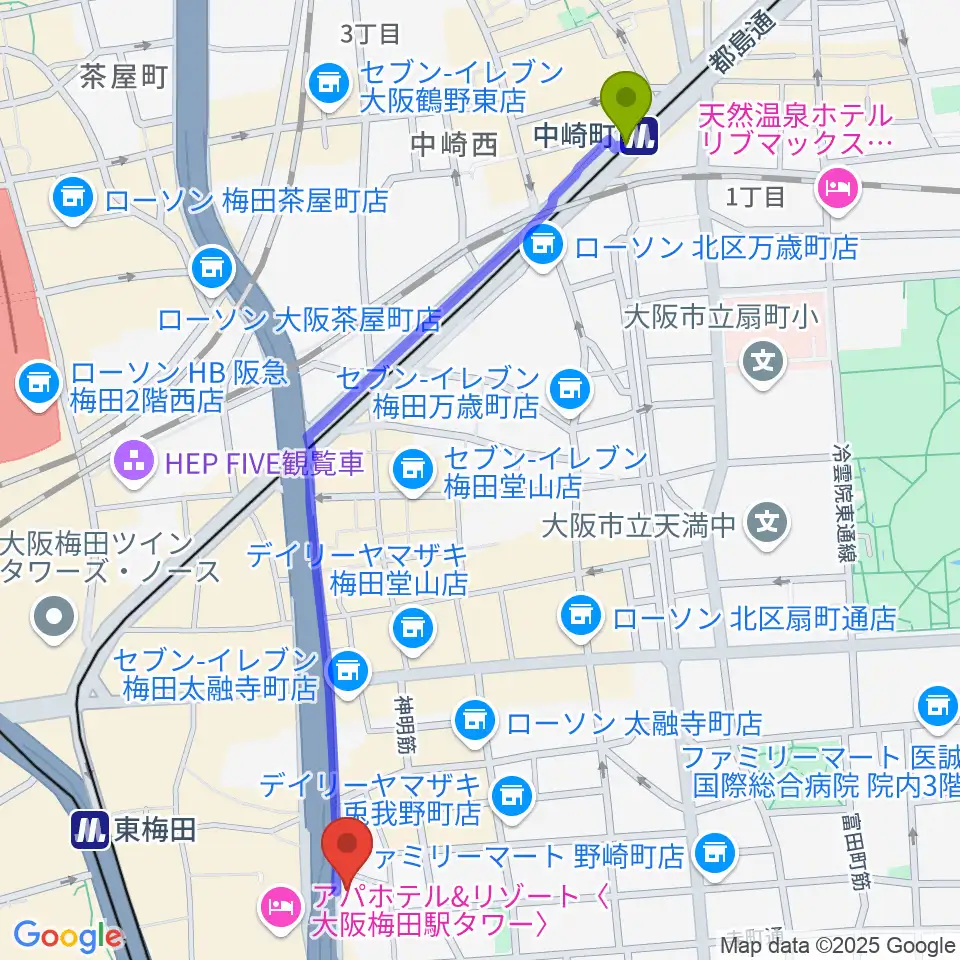 中崎町駅から大阪梅田ロイヤルホースへのルートマップ地図