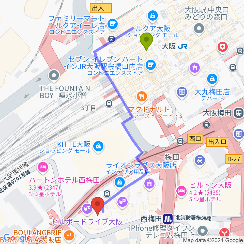 ビルボードライブ大阪の最寄駅大阪駅からの徒歩ルート（約6分）地図