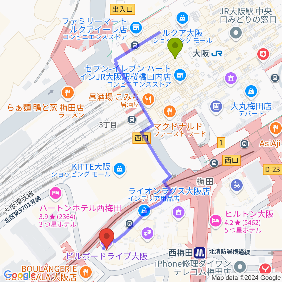 ビルボードライブ大阪の最寄駅大阪駅からの徒歩ルート（約6分）地図