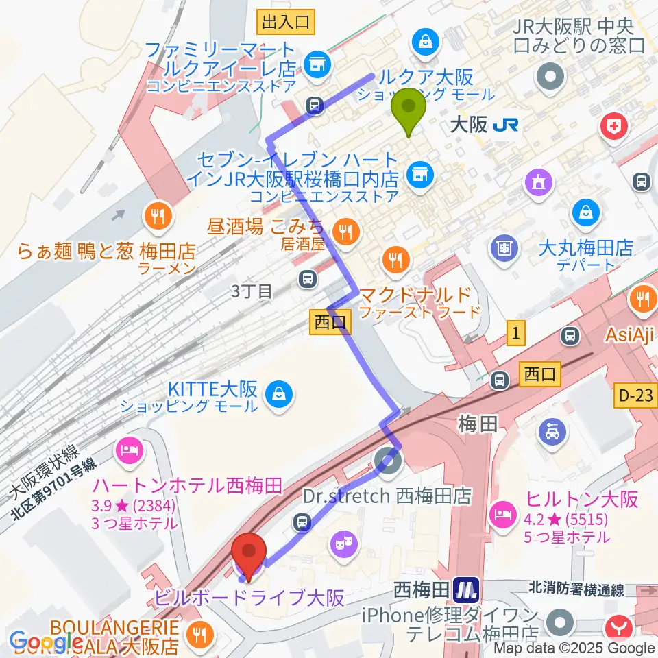 ビルボードライブ大阪の最寄駅大阪駅からの徒歩ルート（約6分）地図