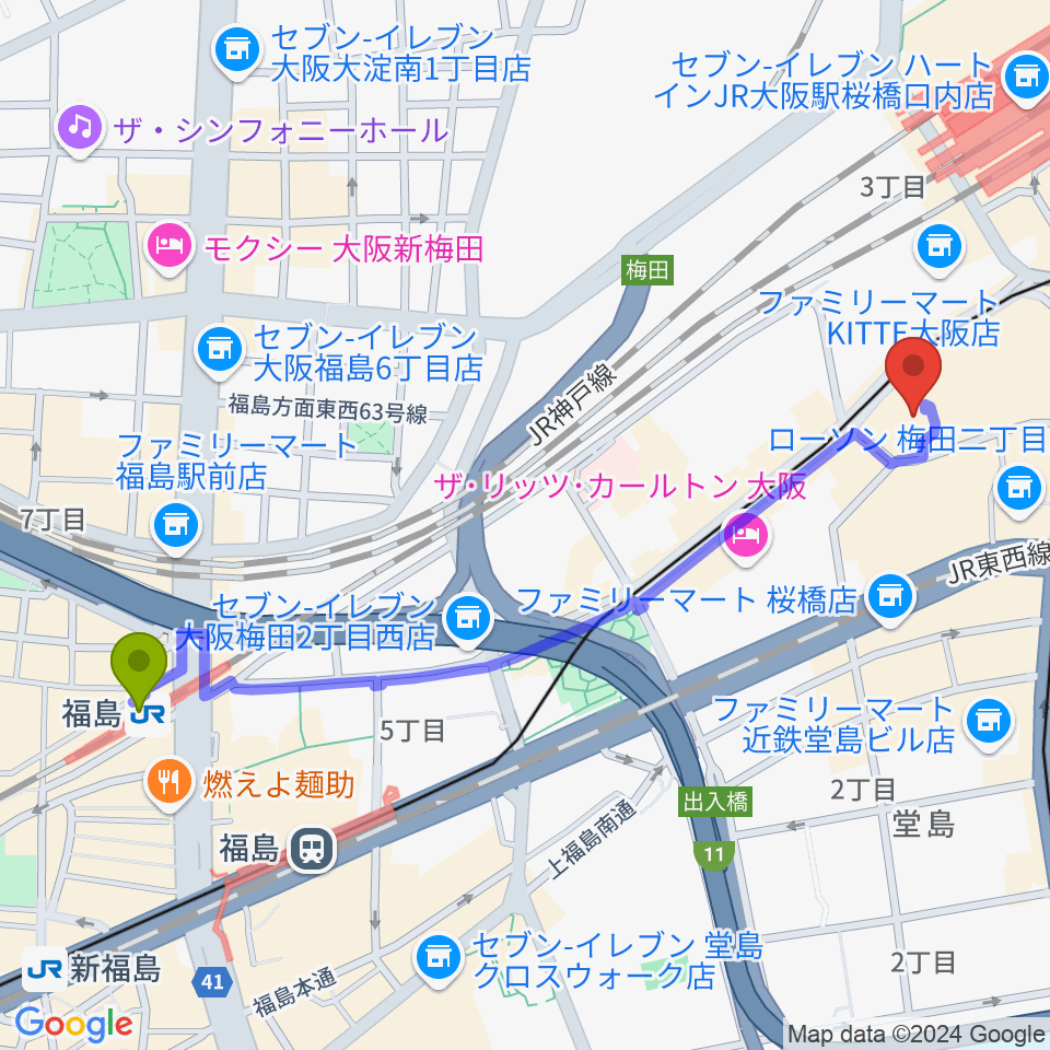 福島駅からビルボードライブ大阪へのルートマップ地図