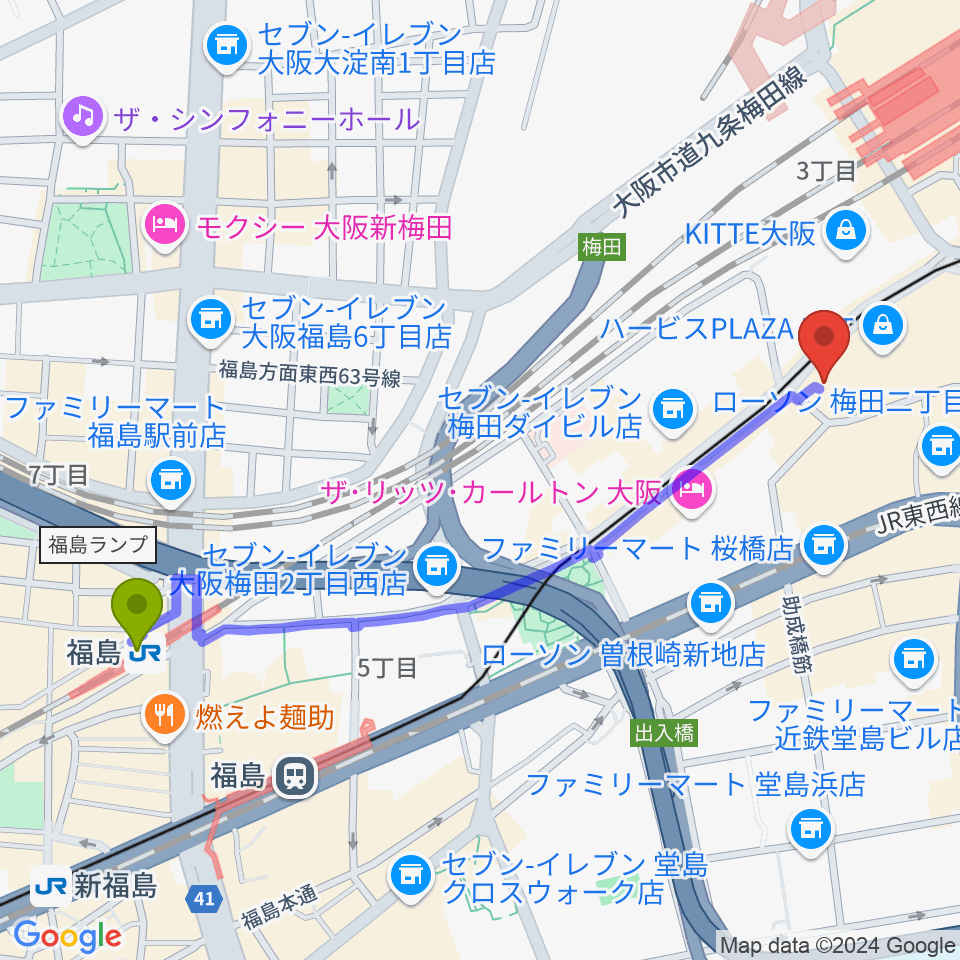 福島駅からビルボードライブ大阪へのルートマップ地図