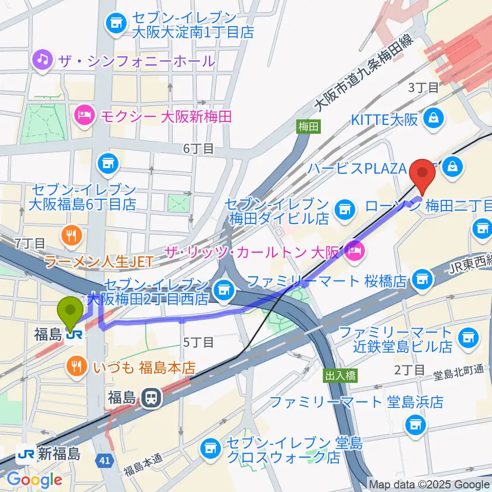 福島駅からビルボードライブ大阪へのルートマップ地図