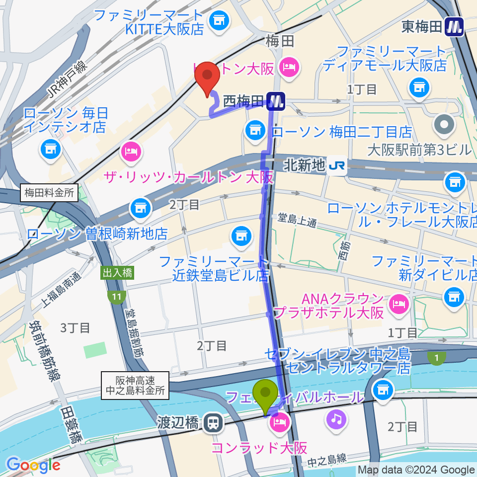 渡辺橋駅からビルボードライブ大阪へのルートマップ地図