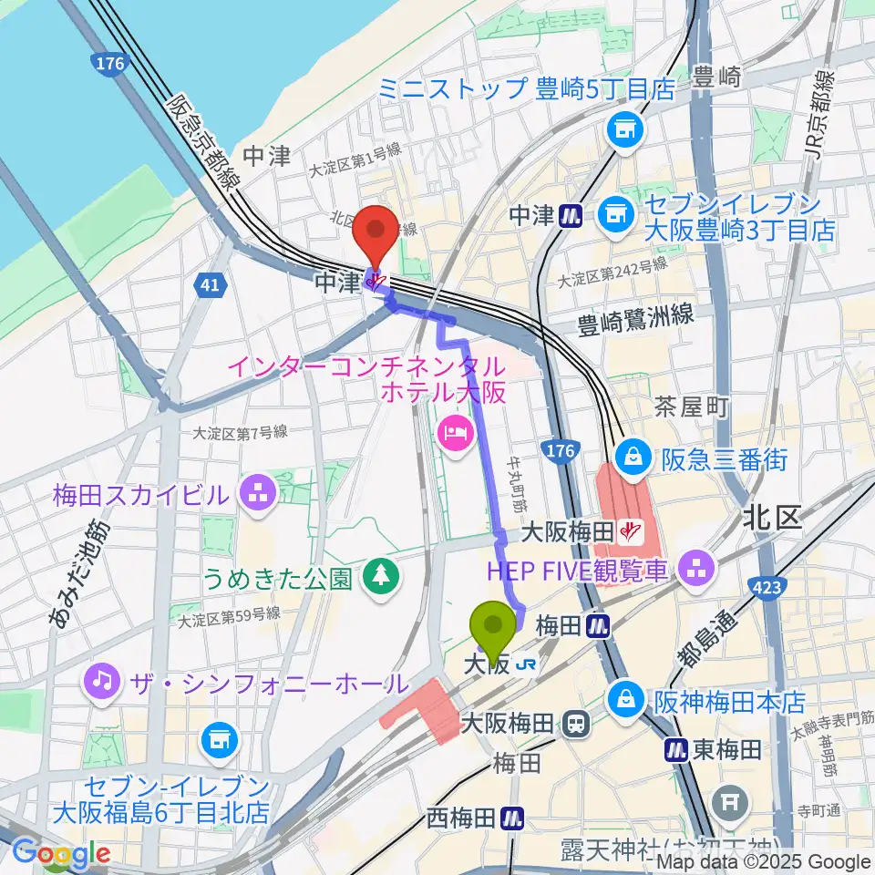 大阪駅から中津Vi-codeへのルートマップ地図