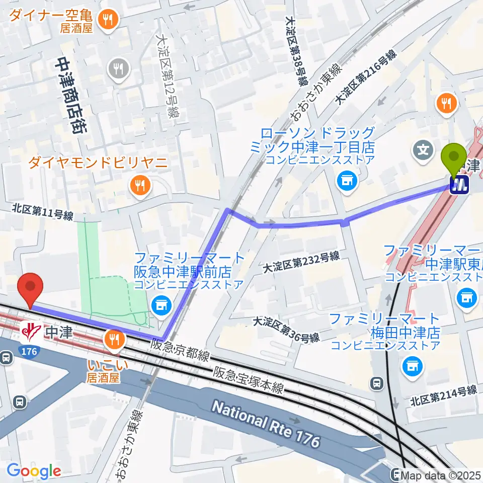 中津駅から中津Vi-codeへのルートマップ地図