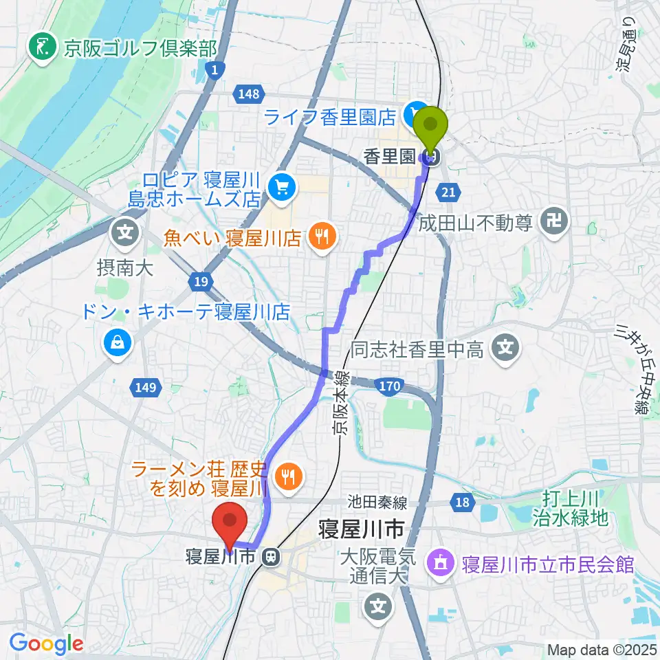 香里園駅から寝屋川VINTAGEへのルートマップ地図