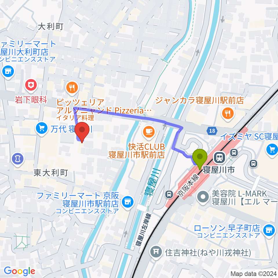 寝屋川VINTAGEの最寄駅寝屋川市駅からの徒歩ルート（約3分）地図