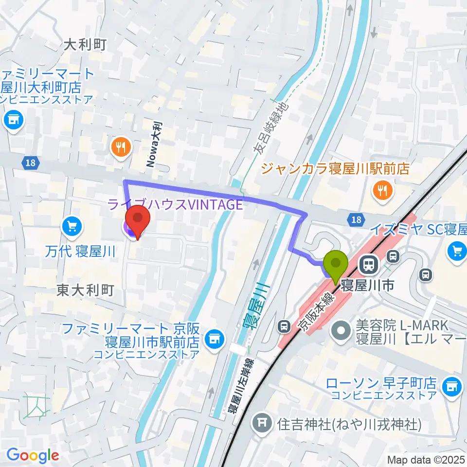 寝屋川VINTAGEの最寄駅寝屋川市駅からの徒歩ルート（約3分）地図