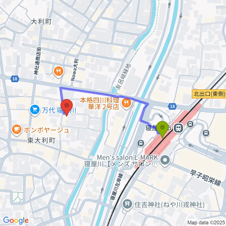 寝屋川VINTAGEの最寄駅寝屋川市駅からの徒歩ルート（約3分）地図