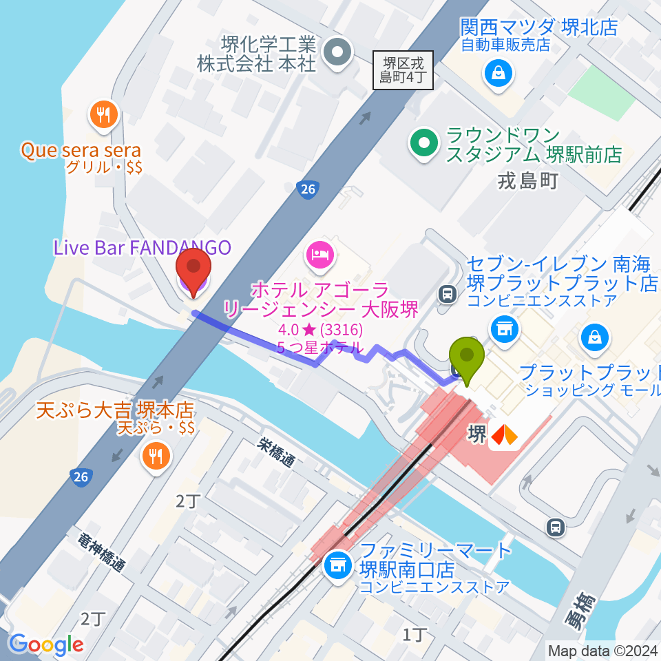 堺ファンダンゴの最寄駅堺駅からの徒歩ルート（約3分）地図