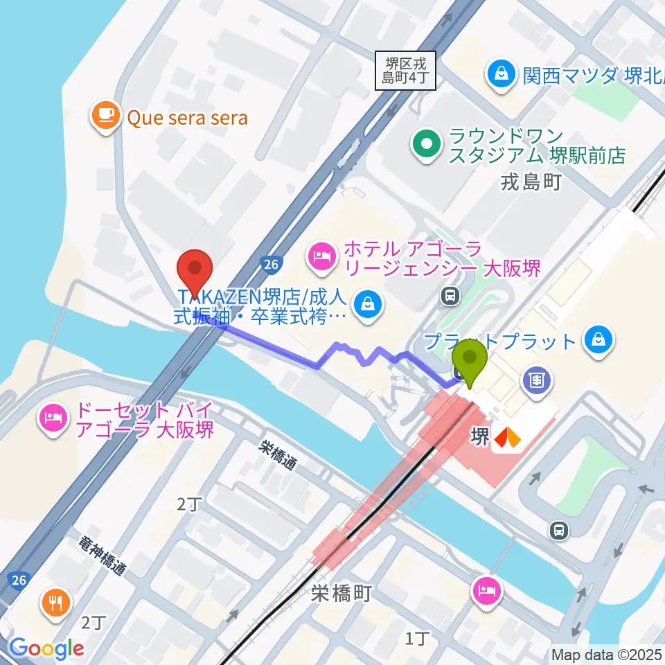 堺ファンダンゴの最寄駅堺駅からの徒歩ルート（約3分）地図