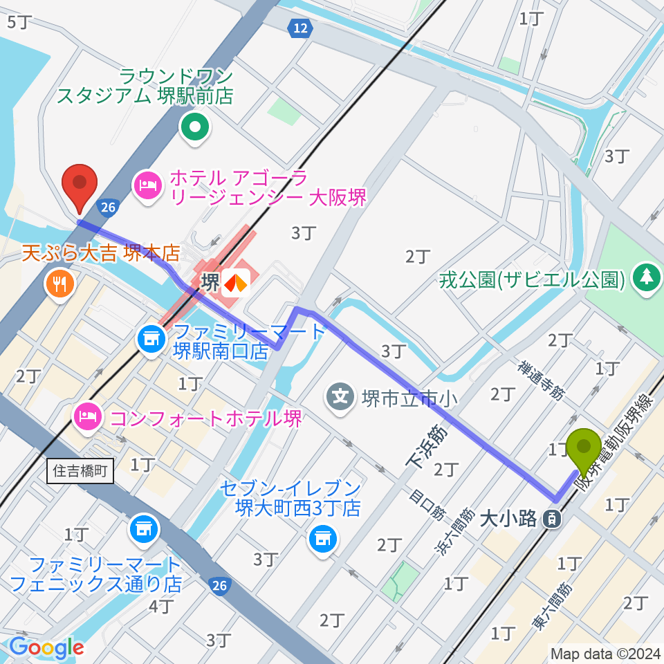 大小路駅から堺ファンダンゴへのルートマップ地図