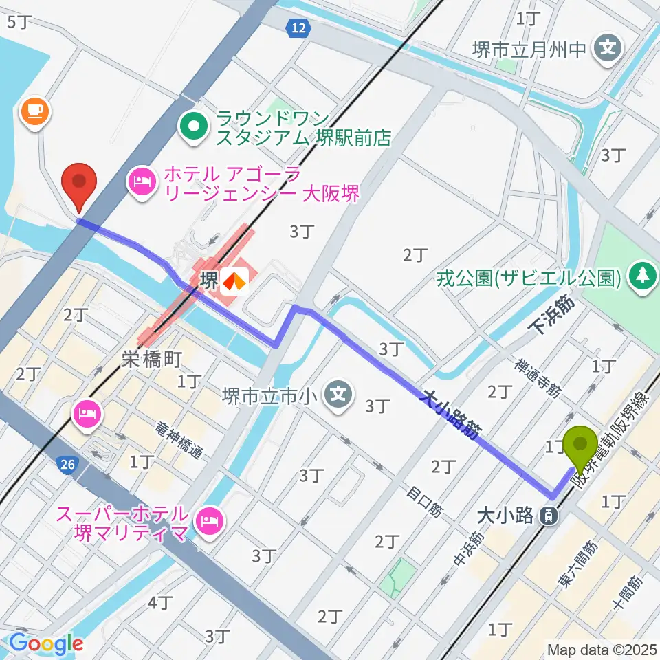 大小路駅から堺ファンダンゴへのルートマップ地図