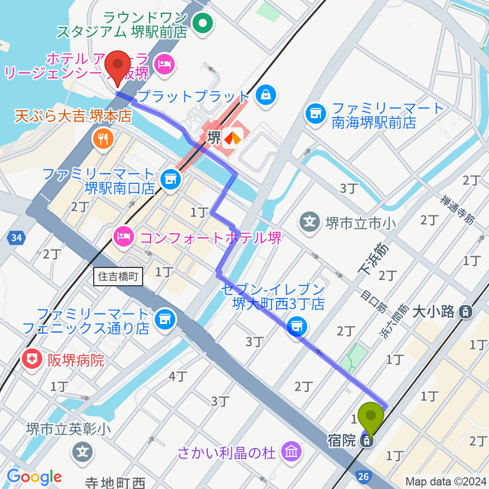 宿院駅から堺ファンダンゴへのルートマップ地図