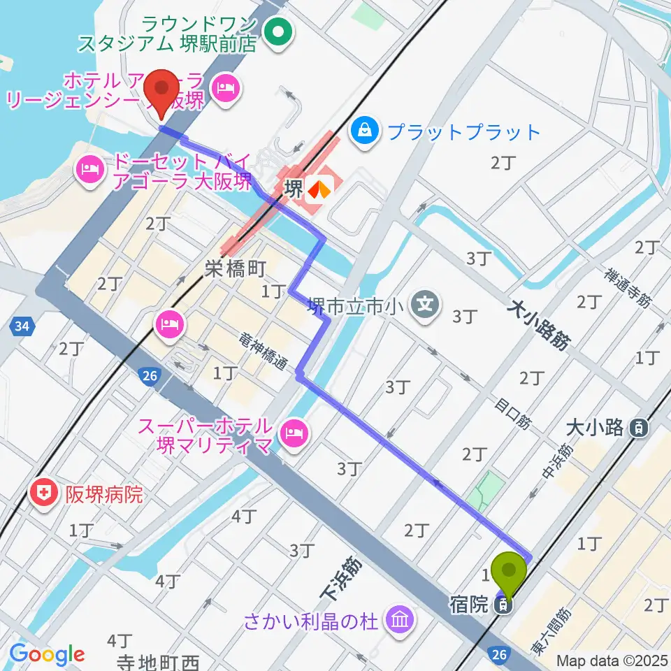 宿院駅から堺ファンダンゴへのルートマップ地図