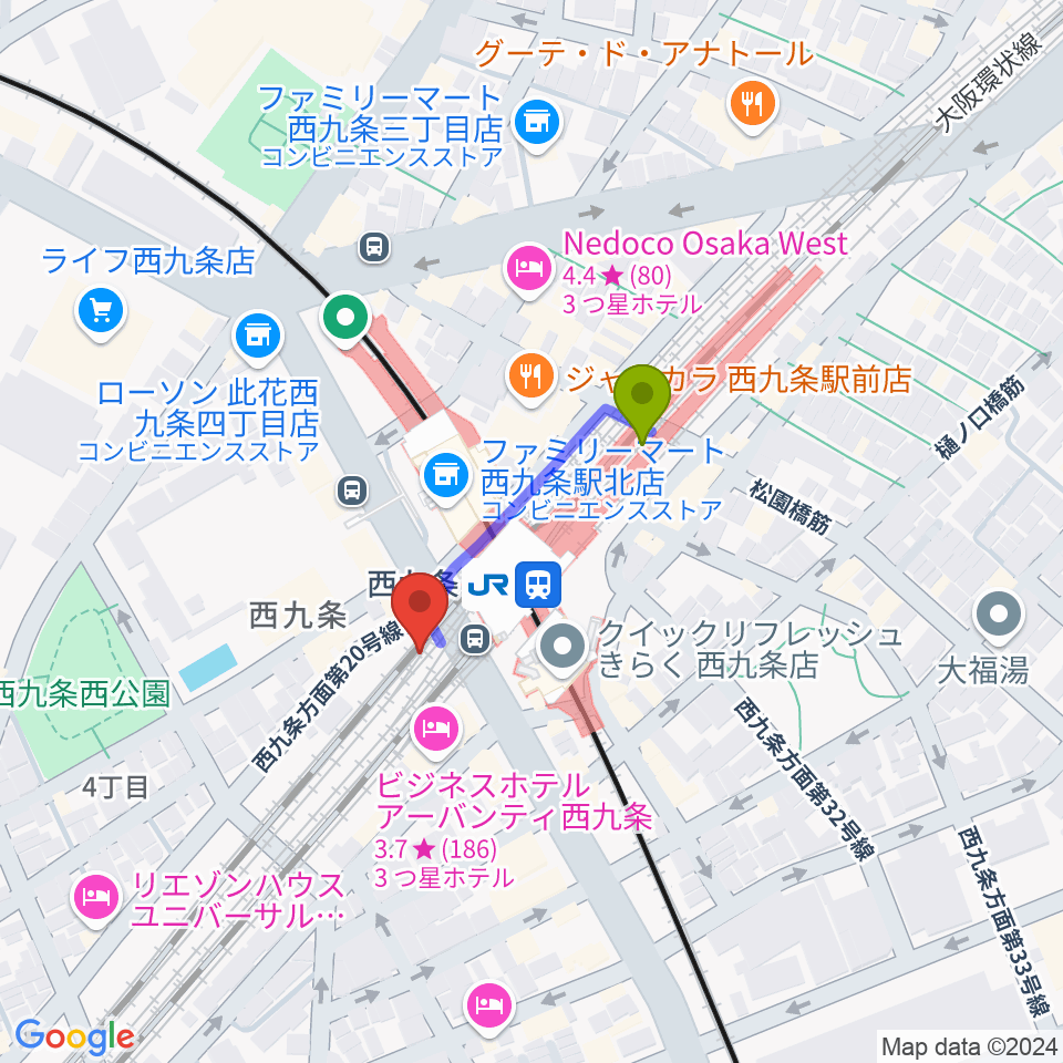 西九条BRAND NEWの最寄駅西九条駅からの徒歩ルート（約2分）地図