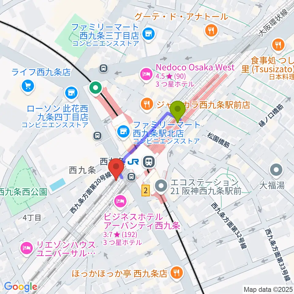 西九条BRAND NEWの最寄駅西九条駅からの徒歩ルート（約2分）地図