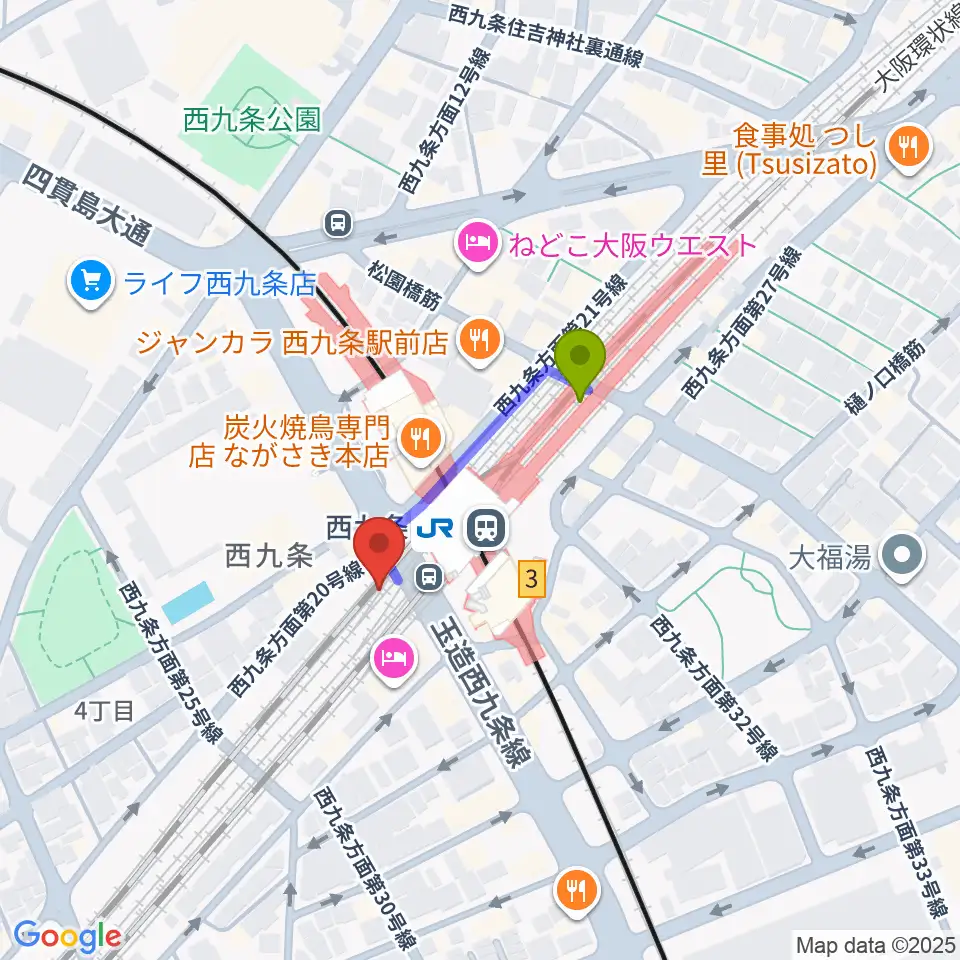 西九条BRAND NEWの最寄駅西九条駅からの徒歩ルート（約2分）地図