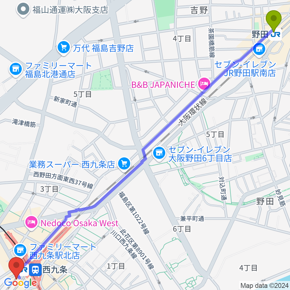 野田駅から西九条BRAND NEWへのルートマップ地図