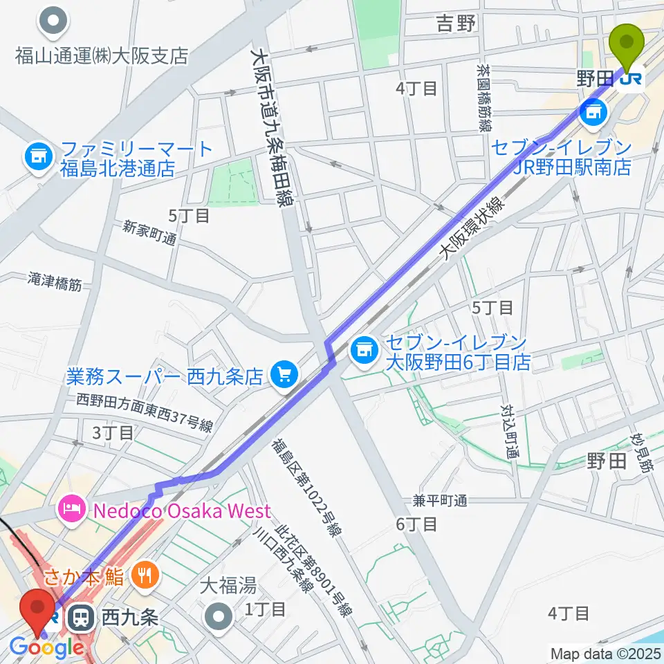 野田駅から西九条BRAND NEWへのルートマップ地図