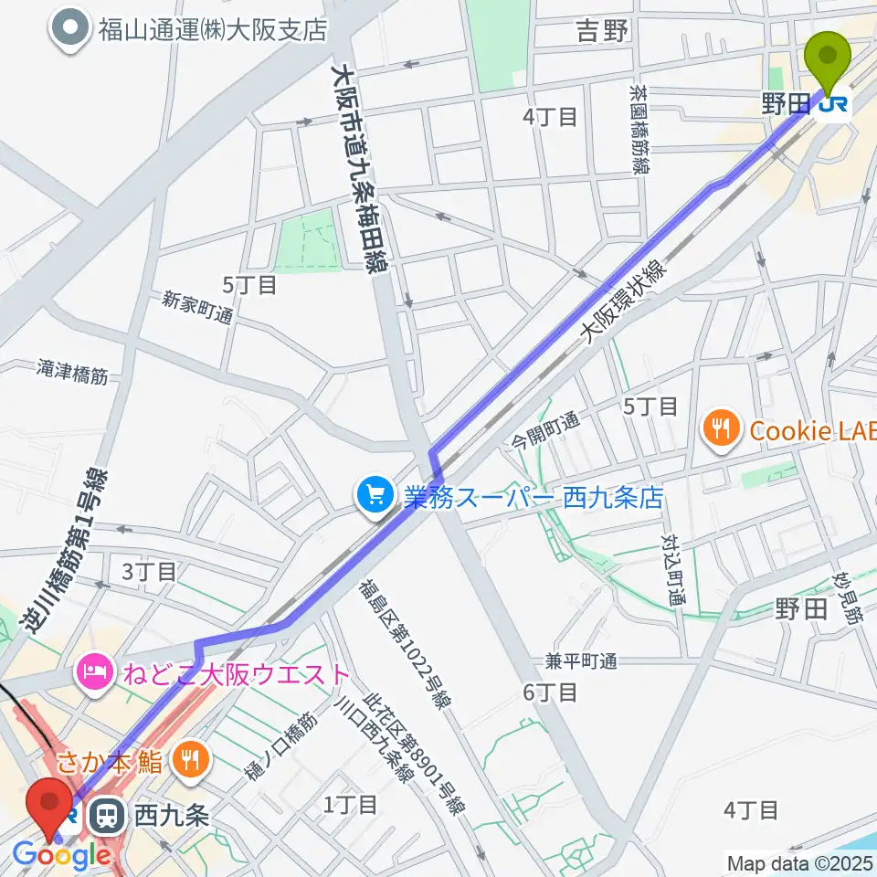 野田駅から西九条BRAND NEWへのルートマップ地図