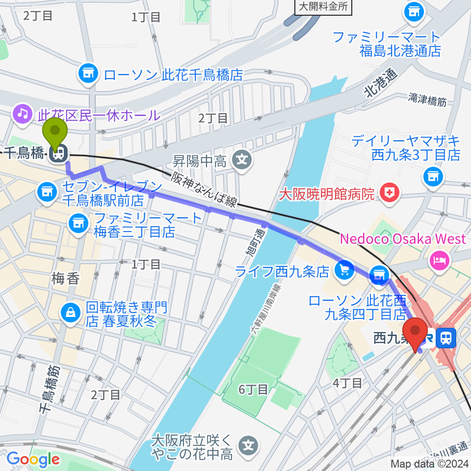 千鳥橋駅から西九条BRAND NEWへのルートマップ地図