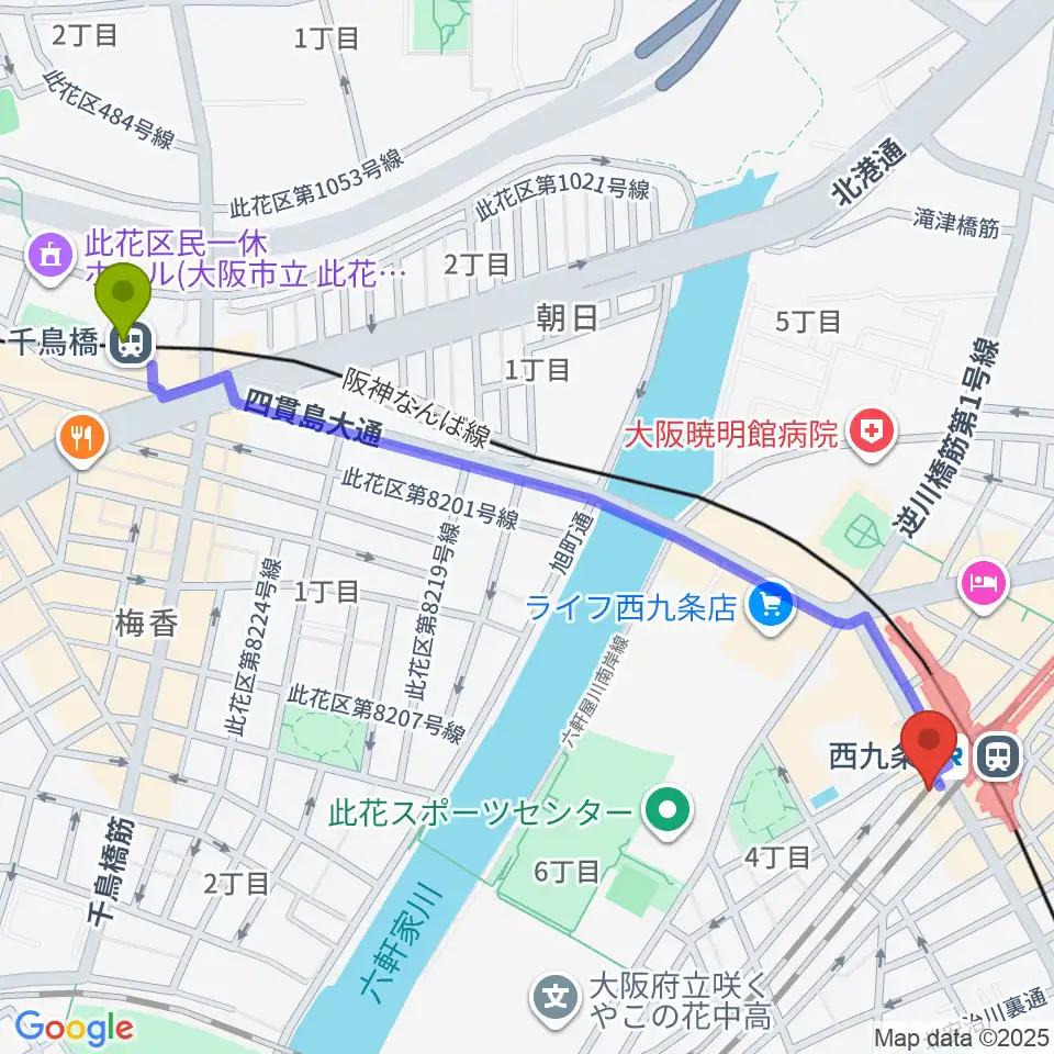 千鳥橋駅から西九条BRAND NEWへのルートマップ地図