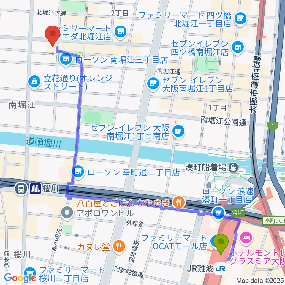 ＪＲ難波駅から南堀江knaveへのルートマップ地図