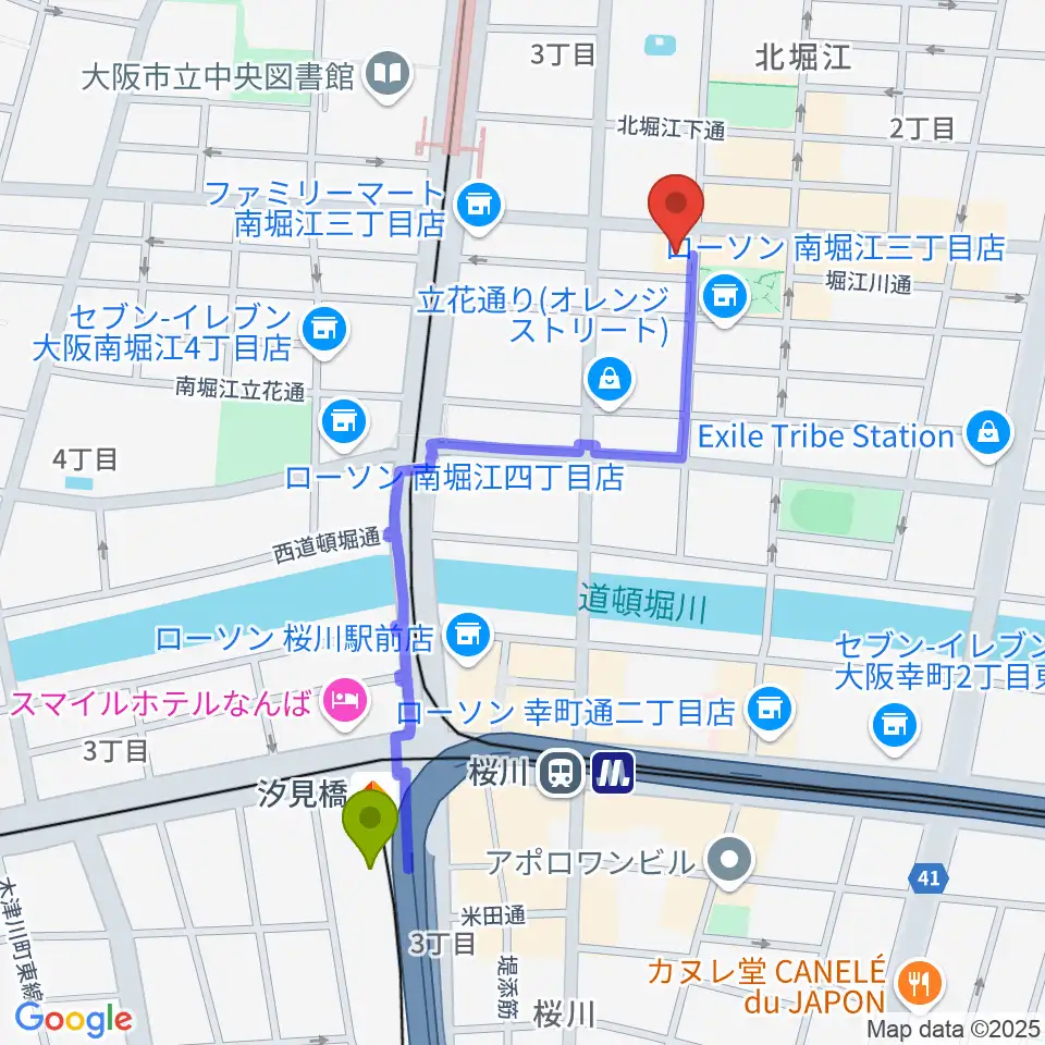 汐見橋駅から南堀江knaveへのルートマップ地図