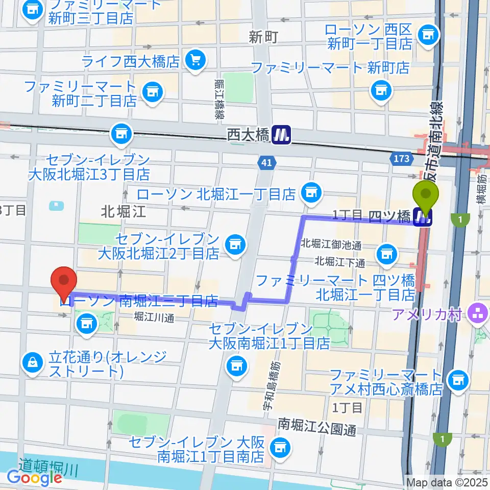 四ツ橋駅から南堀江knaveへのルートマップ地図