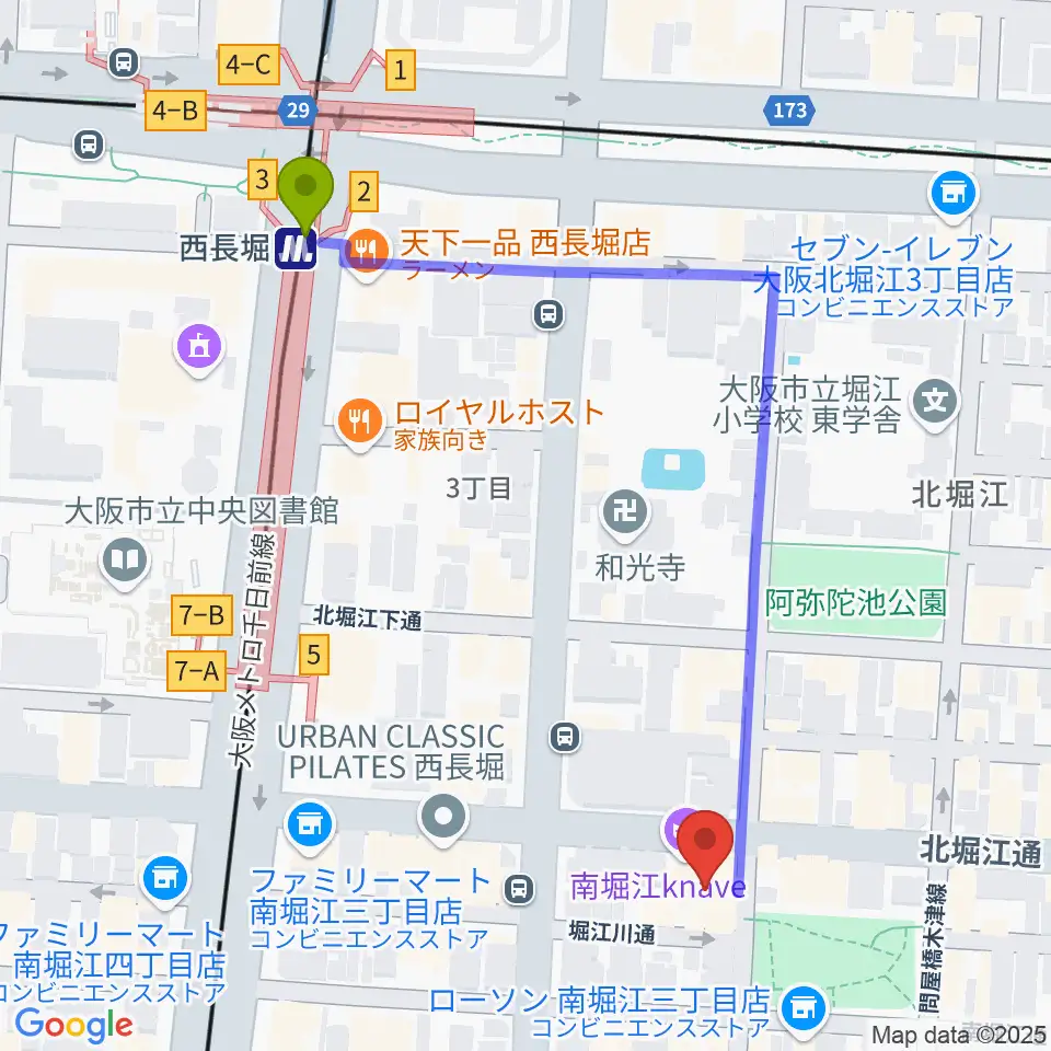 南堀江knaveの最寄駅西長堀駅からの徒歩ルート（約6分）地図