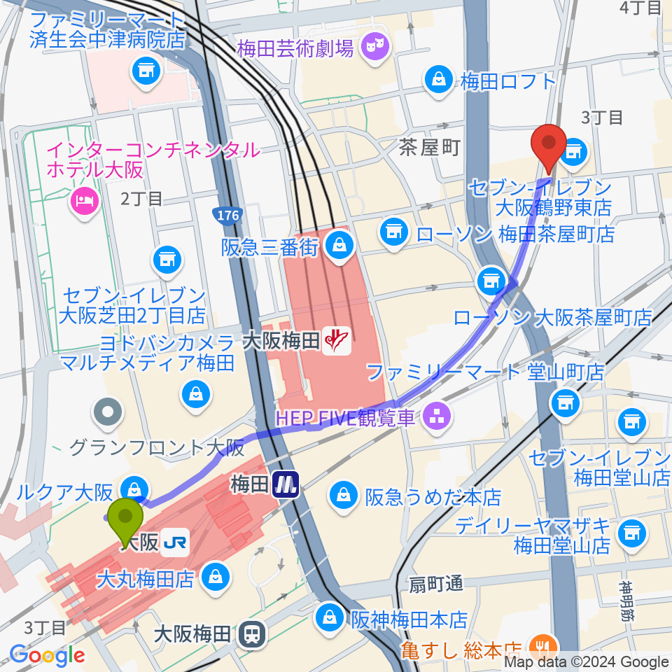 大阪駅からNOON+CAFEへのルートマップ地図