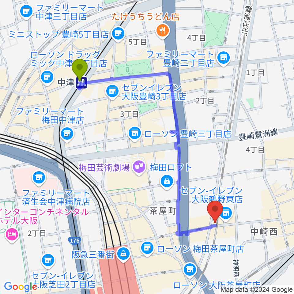 中津駅からNOON+CAFEへのルートマップ地図