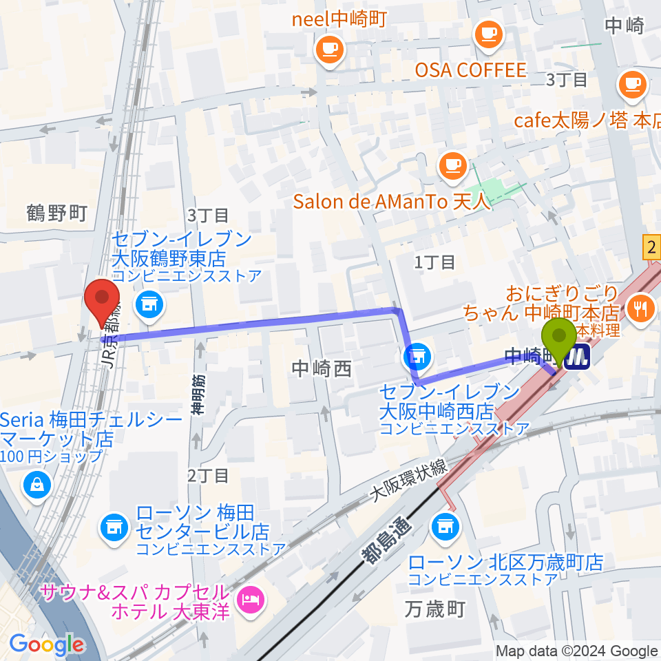 NOON+CAFEの最寄駅中崎町駅からの徒歩ルート（約5分）地図