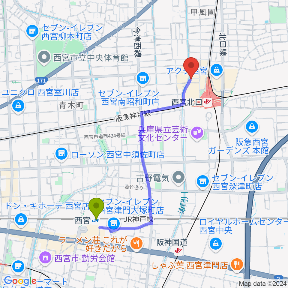 西宮駅からRJ&BME'Sへのルートマップ地図