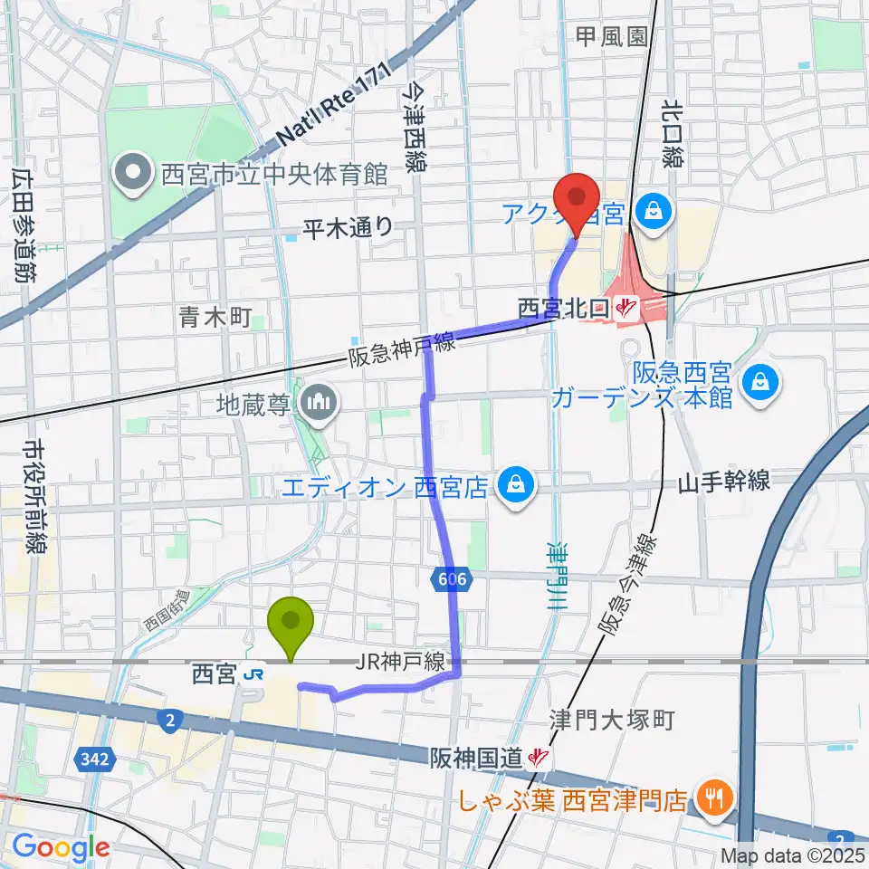 西宮駅からRJ&BME'Sへのルートマップ地図