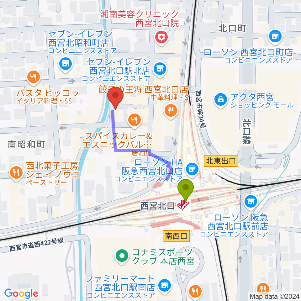 RJ&BME'Sの最寄駅西宮北口駅からの徒歩ルート（約3分）地図