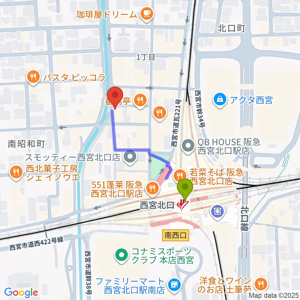 RJ&BME'Sの最寄駅西宮北口駅からの徒歩ルート（約3分）地図
