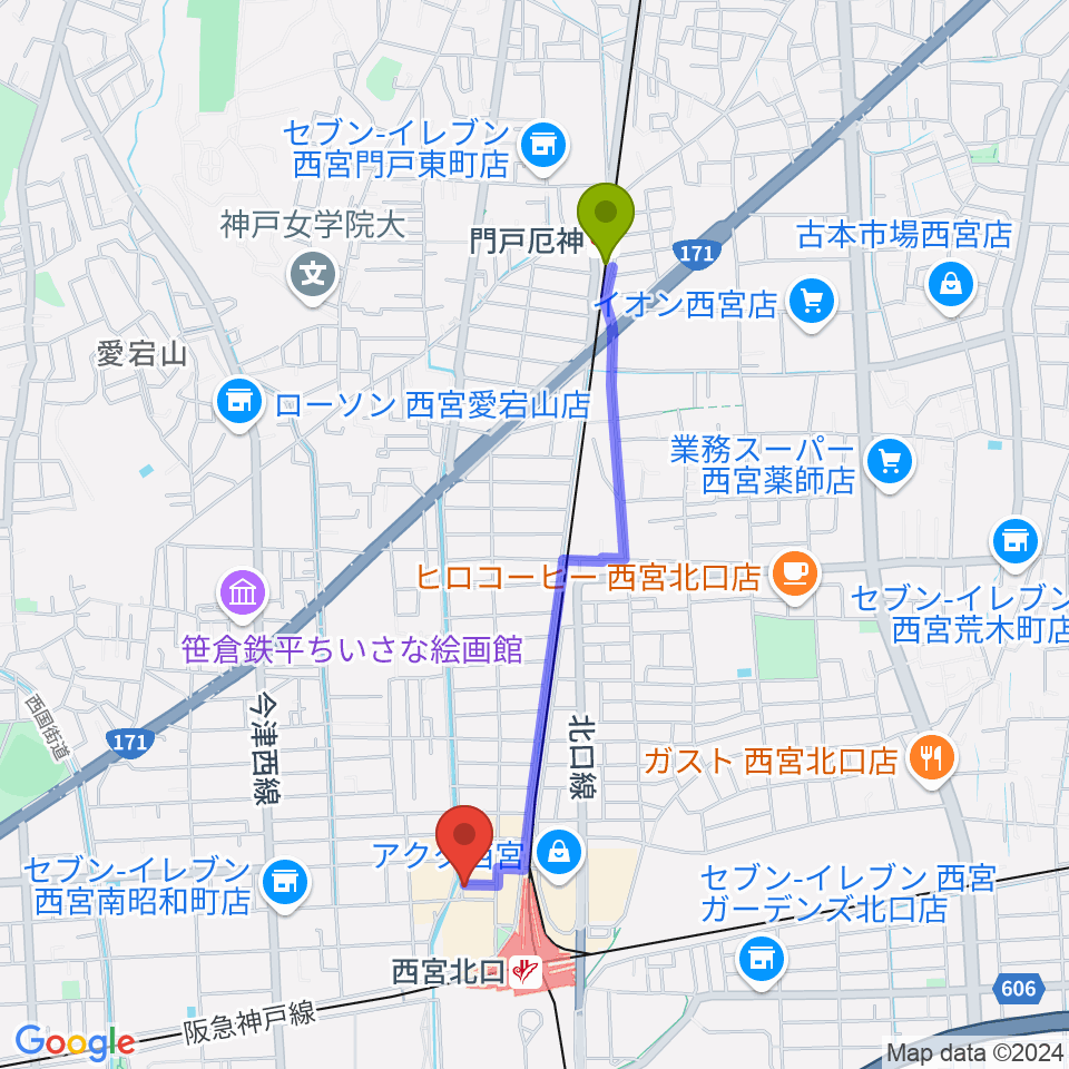 門戸厄神駅からRJ&BME'Sへのルートマップ地図