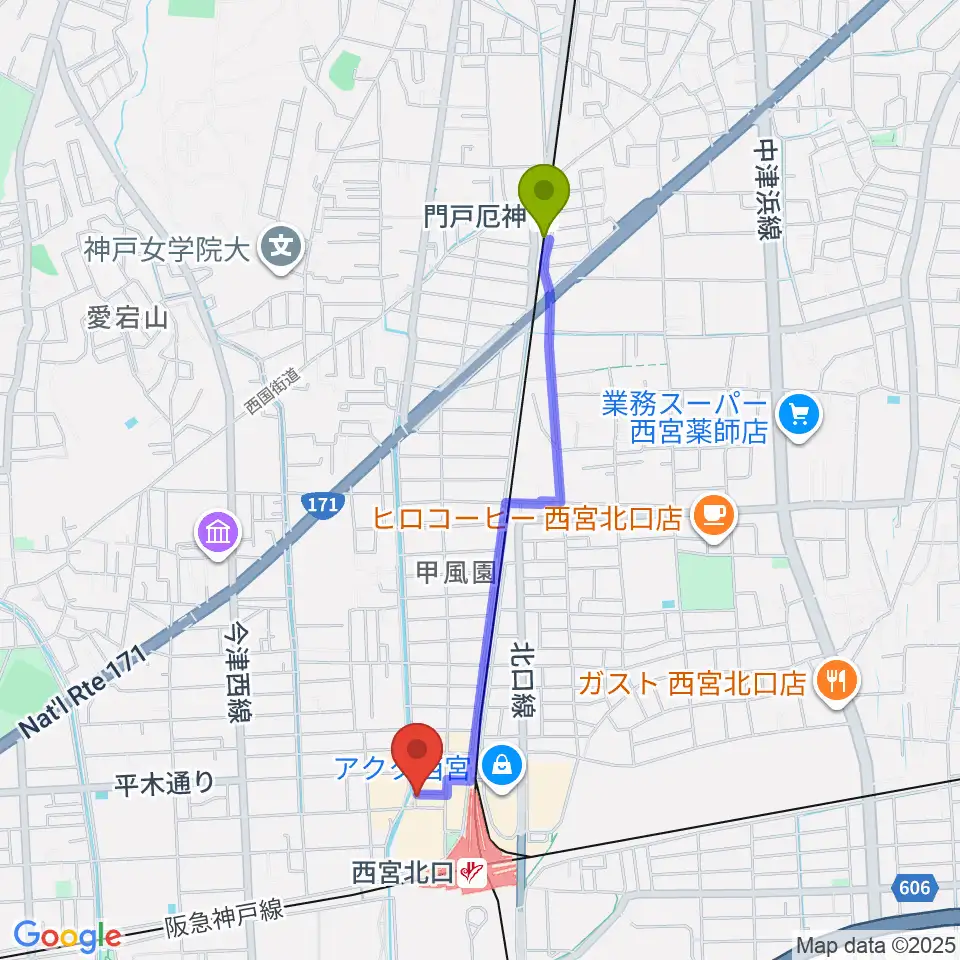 門戸厄神駅からRJ&BME'Sへのルートマップ地図