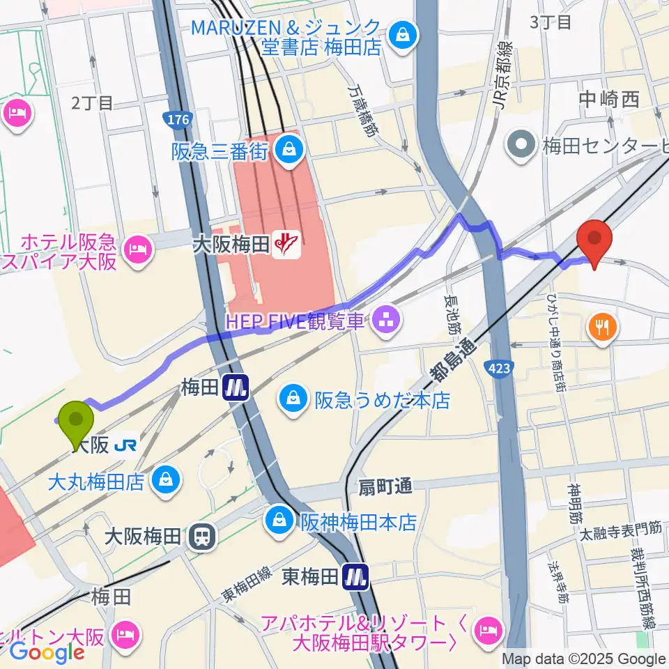 大阪駅からJAZZ ON TOP ACTⅢ店へのルートマップ地図