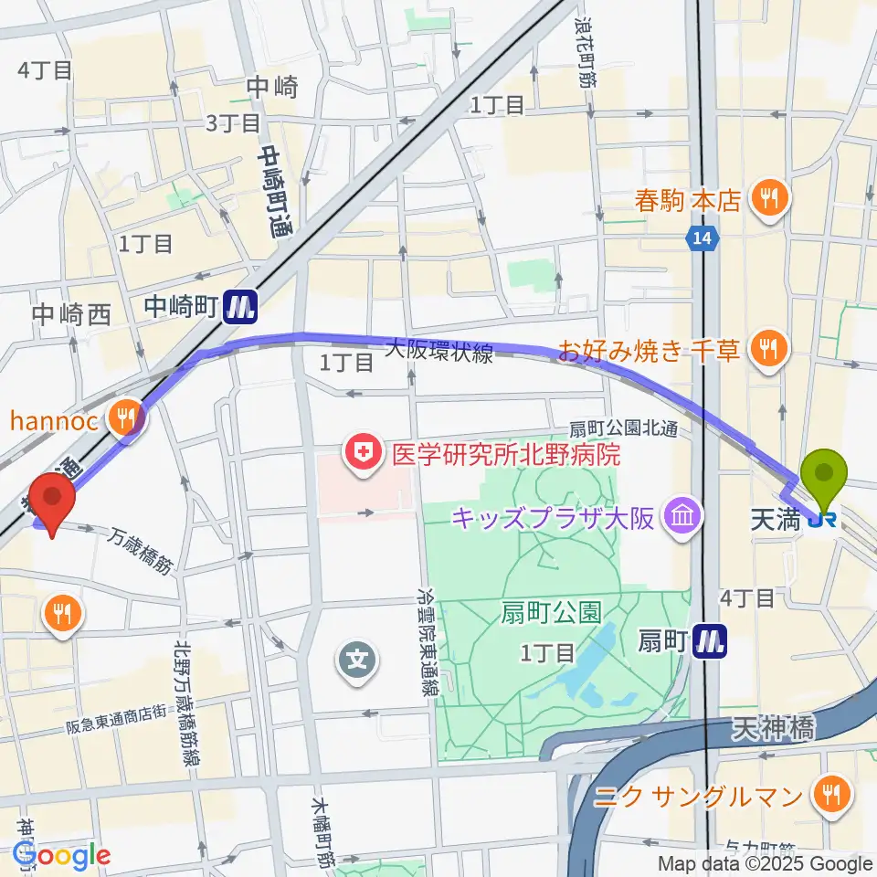 天満駅からJAZZ ON TOP ACTⅢ店へのルートマップ地図