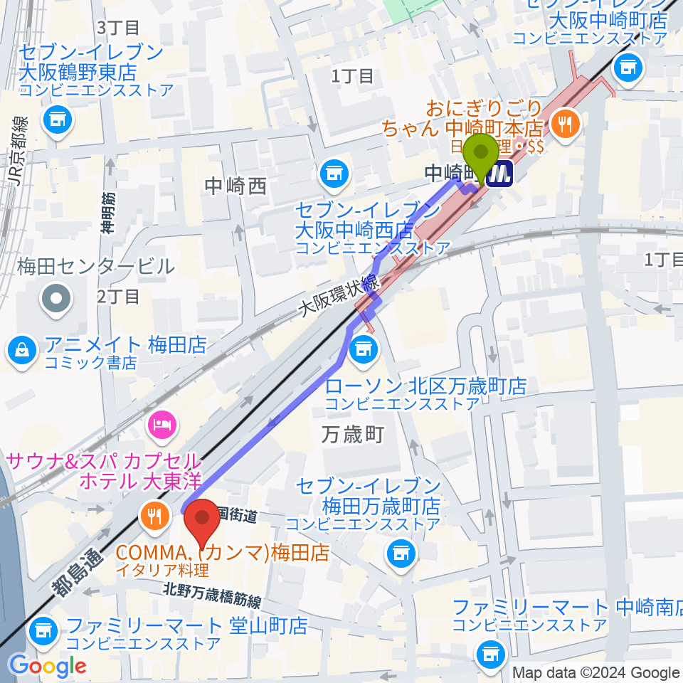 JAZZ ON TOP ACTⅢ店の最寄駅中崎町駅からの徒歩ルート（約5分）地図