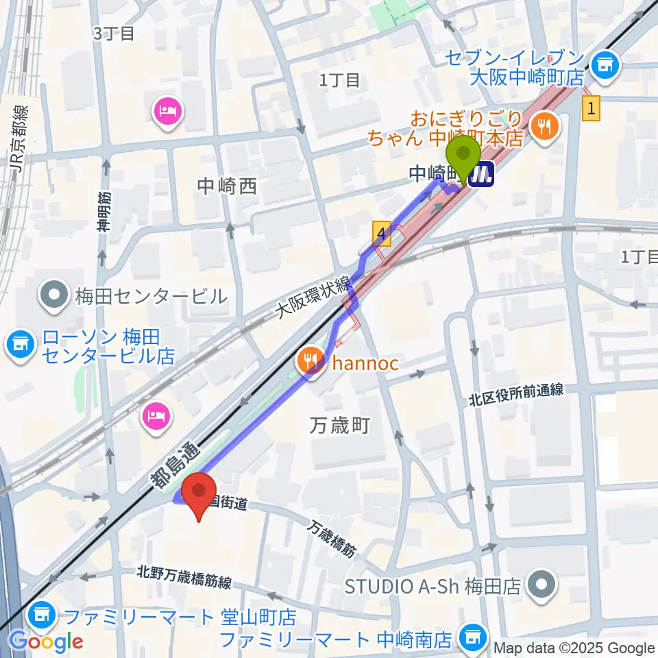 JAZZ ON TOP ACTⅢ店の最寄駅中崎町駅からの徒歩ルート（約5分）地図